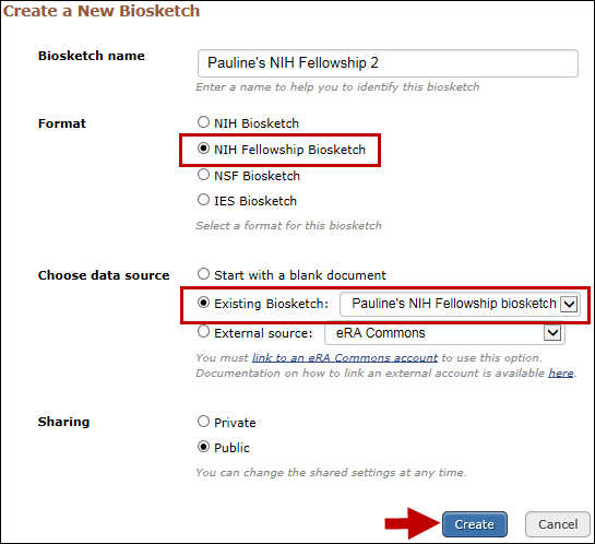 Create an NIH Fellowship biosketch copying information from an existing SciENcv document