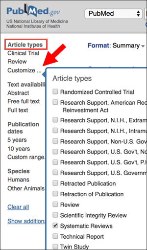 Article types on the search results page.