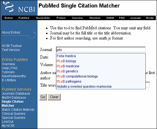 Screen capture of entering the journal title PLoS into the Single Citation Matcher.