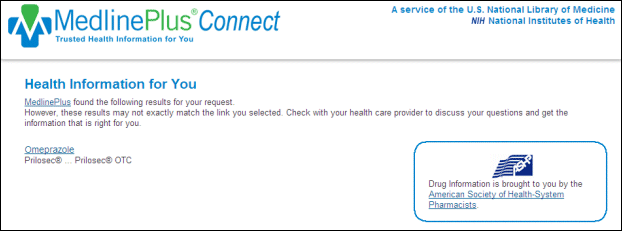 Screen capture of MedlinePlus Connect drug information response page.