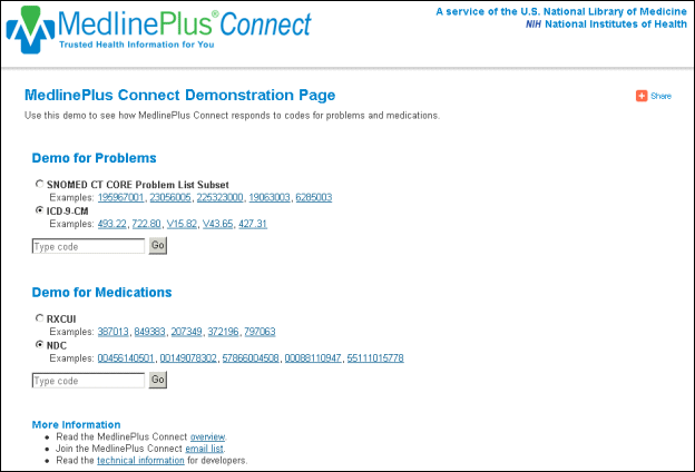 Screen capture of MedlinePlus Connect demonstration page.