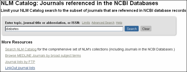 Screen capture of Journals referenced  in the NCBI Databases.