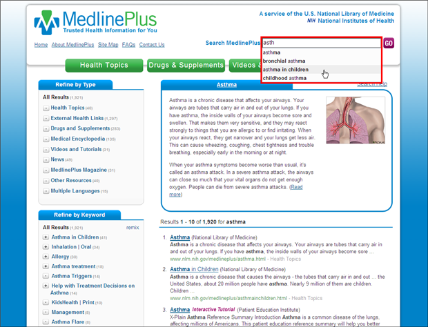 Screen capture of auto-complete feature appears in all MedlinePlus search boxes.