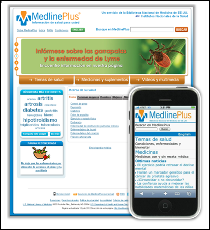 Screen capture of MedlinePlus en Español Web and mobile versions.