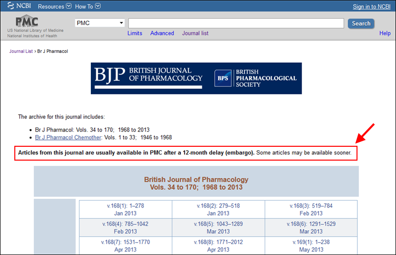 Screen capture of Note on PMC Journal Archive Page
