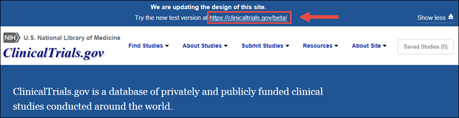 Give us feedback link on the ClinicalTrials.gov beta version site