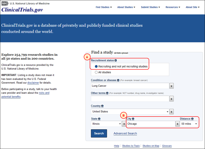 screenshot of the Updated ClinicalTrials.gov homepage