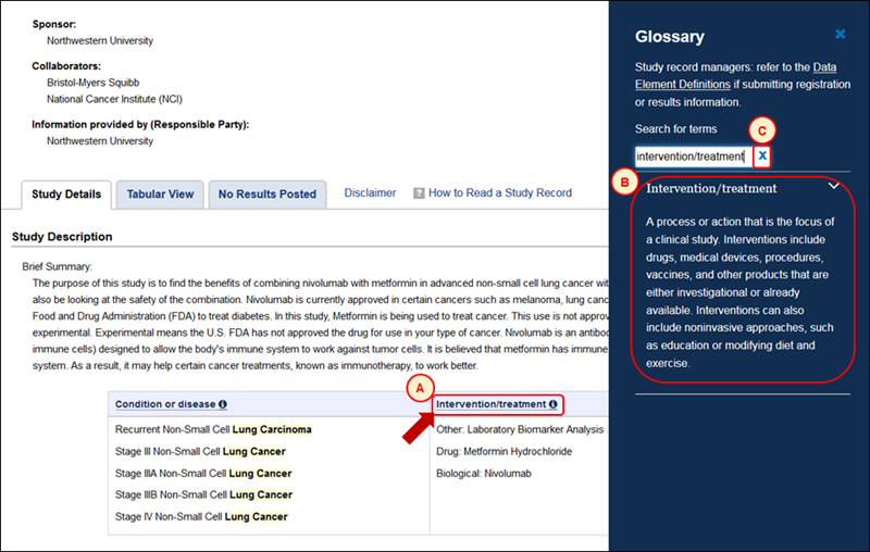 screenshot of the Glossary display while viewing a study record