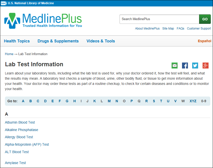 List of lab tests in MedlinePlus