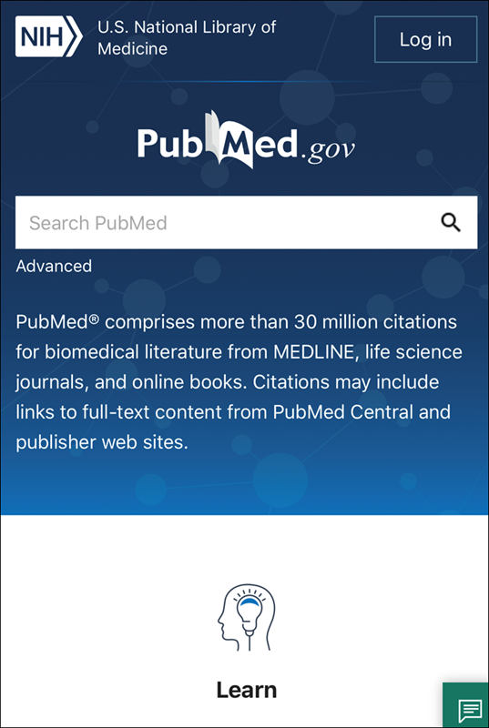 screenshot of PubMed homepage on mobile device.