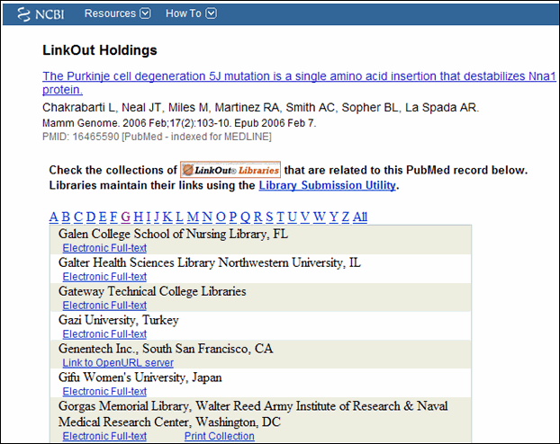 Alphabetical list of libraries with electronic full text and print.