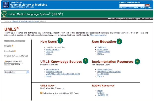 Screen capture of Reorganized UMLS homepage.