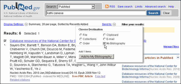 PubMed Send to Menu with My Bibliography Selected. 
