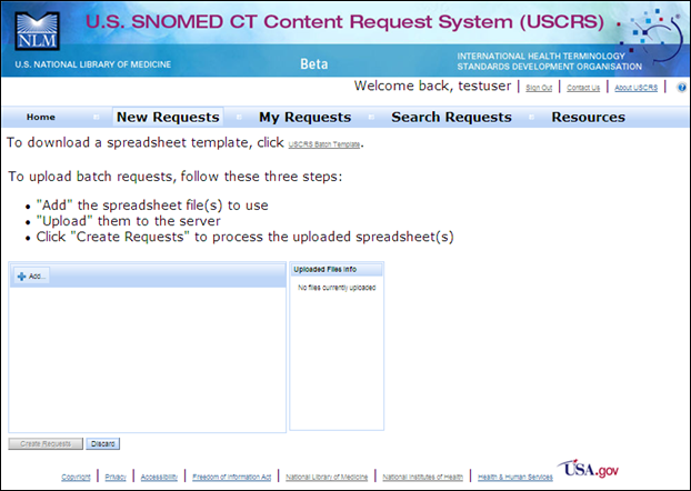 Screen capture of Upload USCRS Batch Spreadsheets