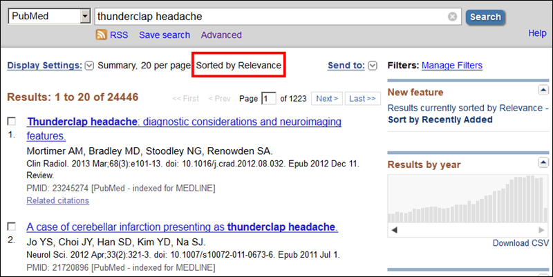 Screen capture of PubMed results sorted by Relevance.