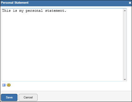 Screen capture of Personal Statement simple text window