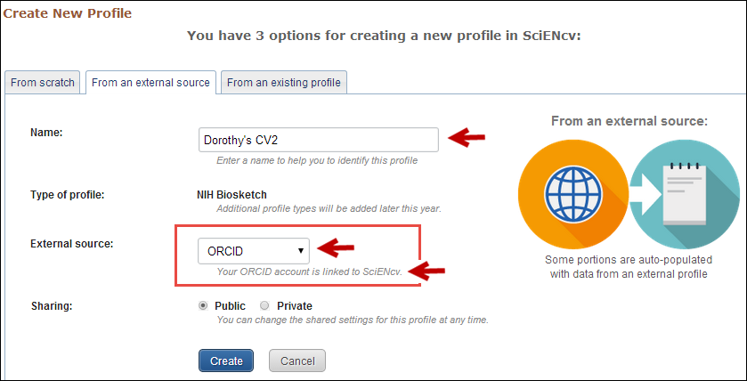 Screen capture of ORCID data options.