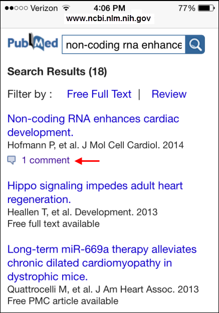 Screen capture of PubMed Mobile summary display with PubMed Commons comment indication.