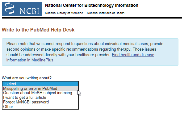 Write to the PubMed Help Desk form