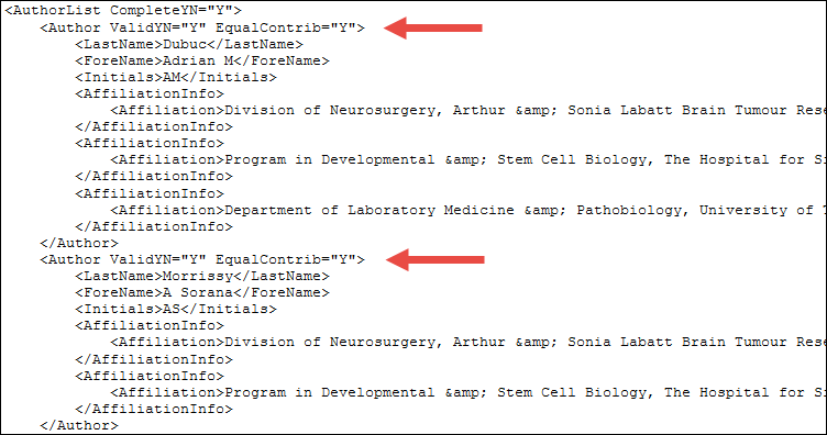 equally contributing authors in pubmed xml display.