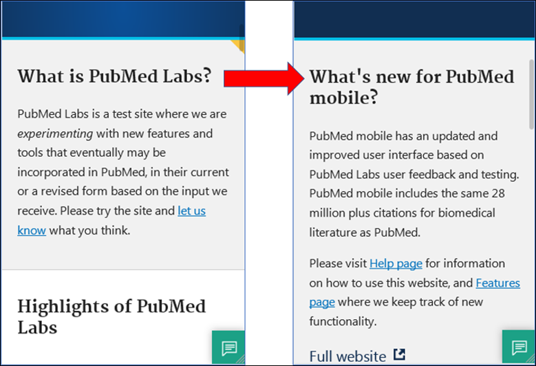 Updated homepage question for PubMed Labs mobile users.