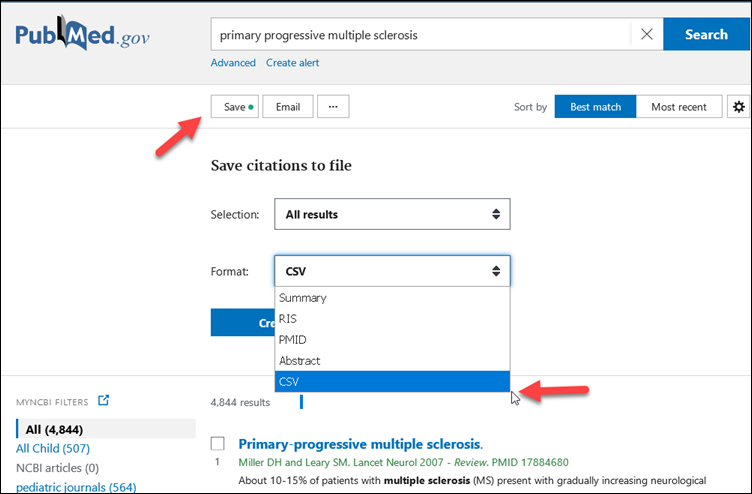 screenshot of save citation to file feature using example of primary progressive multiple sclerosis.