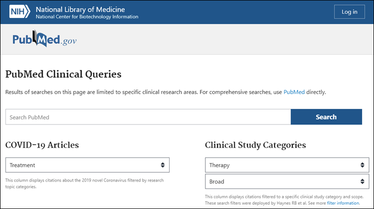 screenshot of PubMed Clinical Queries Page.