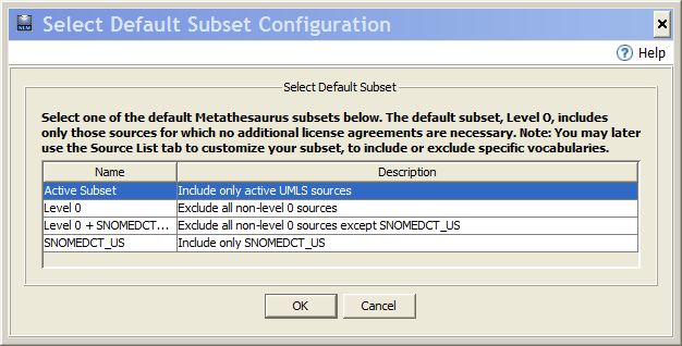 Metamorphosys - Select Default Subset Configuration window
