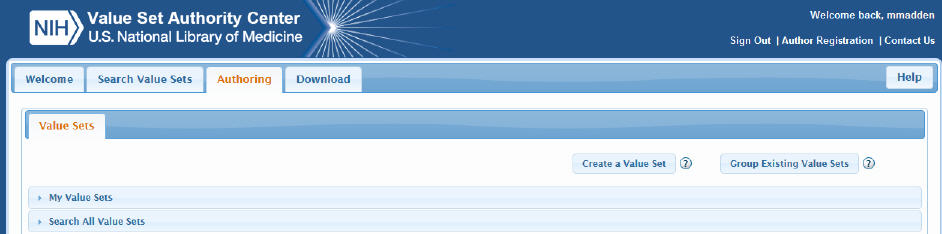 Image of the open VSAC Authoring tab, showing the My Value Sets and Search All Value Sets sections.