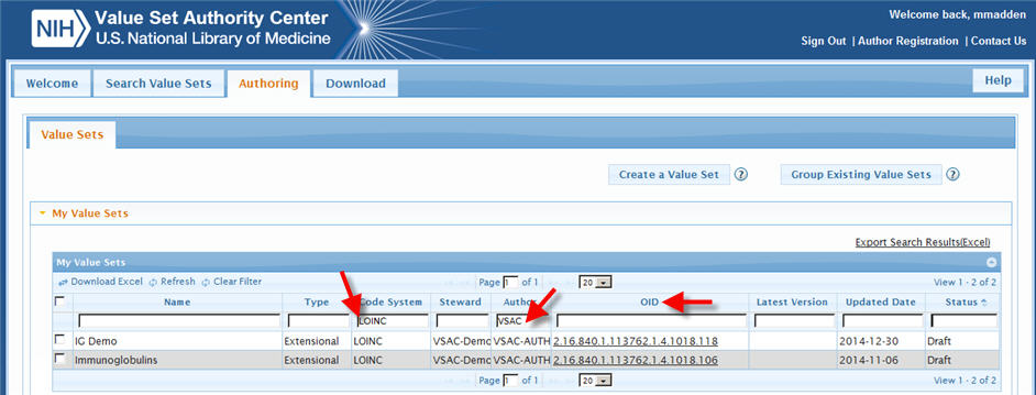 Image of the open VSAC Authoring tab, showing the expanded Search All Value Sets section. The Code System column filter text box contains 'LOINC' and the Author column filter text box contains 'VSAC.
