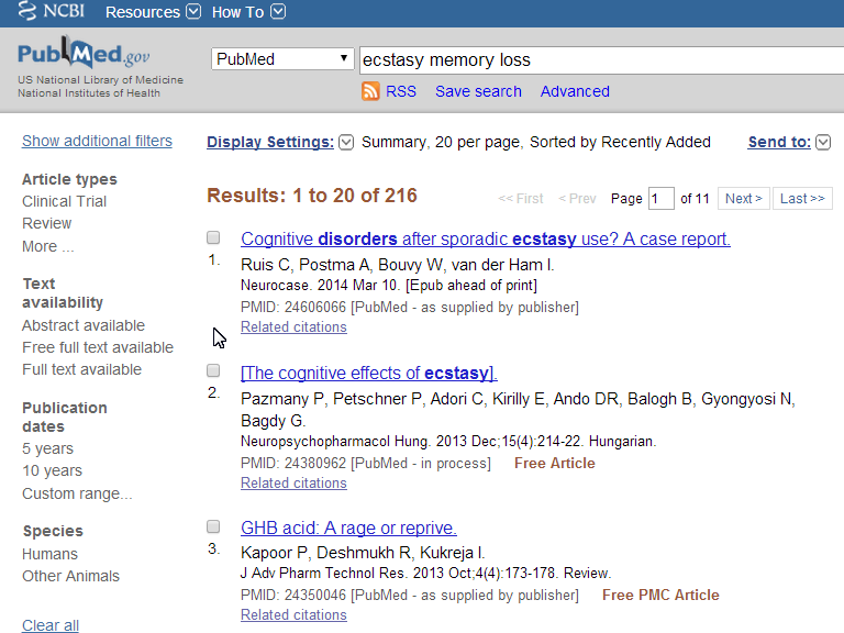 Screen shot of PubMed filter