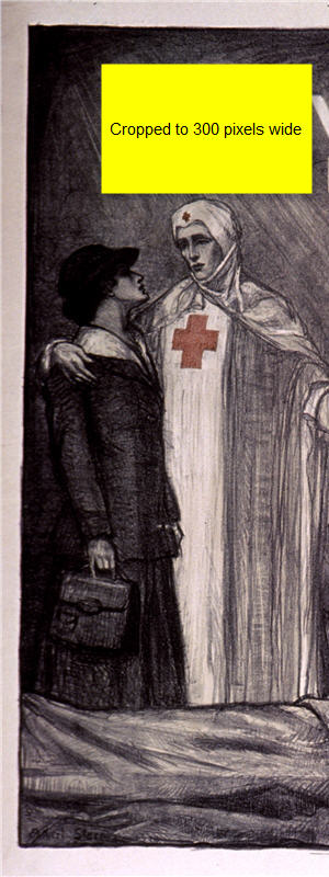 A dark illustration of a nurse with her arm around a woman dressed in street clothes. The nurse points down to a wounded man being tended by another nurse.
