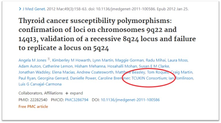 PubMed display of a citation, showing TCUKIN Consortium as an author, and link to Collaborators below author list