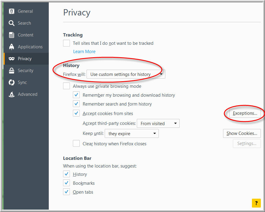 Firefox Options - Privacy tab