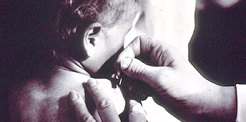 Detail from a photograph of the vaccination of an infant.