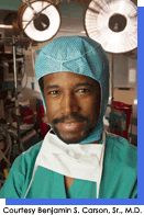 Portrait style image of a man in green surgical scrubs and cap with a operating room background.  Courtesy Benjamin S. Carson, Sr.