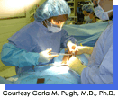 Image of women in surgical scrubs, cap and mask performing surgery.  Courtesy Carla M. Pugh, M.D., Ph.D. 