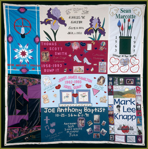 AIDS Memorial Quilt Panel for: Kansas City Missouri Native American Coalition Chris W. Smith Sean Marcotte Mark Lee Knapp Joe Anthony Baptist Jerry James Hamilton and Ariel Gump Thomas Scott Smith EJ Byingion