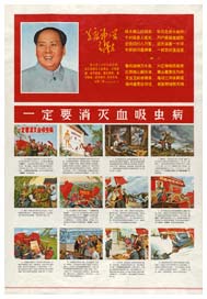 Chinese public health poster depicting Mao Zedong and scenes of snail eradication