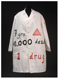 ACT UP lab coat worn at protest