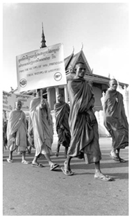 Buddhist monks march with protest signs