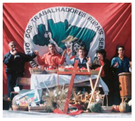 Landless Workers' Movement members with musical instruments and baskets of food