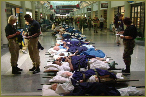 Patients on cots in airport terminal