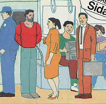 Two color drawings, one of a Hispanic couple on a crowded multiracial subway, and the other an African American couple on the same subway car.  
