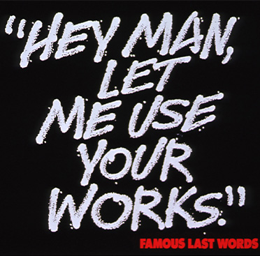 White text that mimics chalk on a blackboard over a photograph of a needle. The words Famous last words are in red.