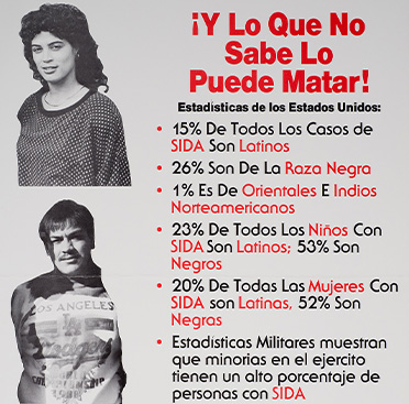 A poster with Spanish text, a portrait of a Latina woman and a portrait of a Latino man