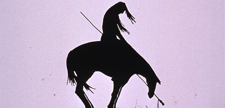 A poster with text and a silhouette of a man on a horse carrying a spear