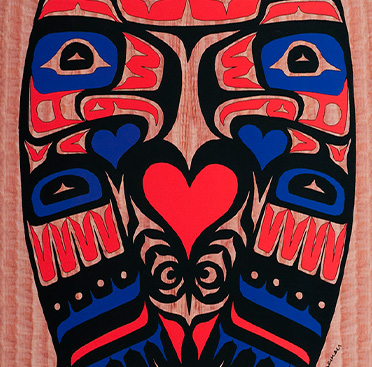 A poster with text and a painting of two red and blue stylized birds facing each other with a heart between them