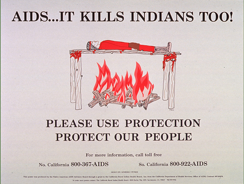A poster with text and a color drawing of a Native American man in red clothing laying on a wooden platform above a fire