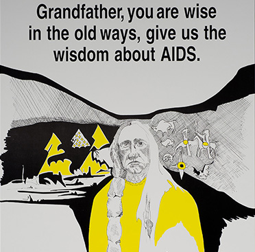 A poster with text and a black and white drawing of a Native American man wearing a yellow shirt looking at the viewer. In the background is hunting scene.